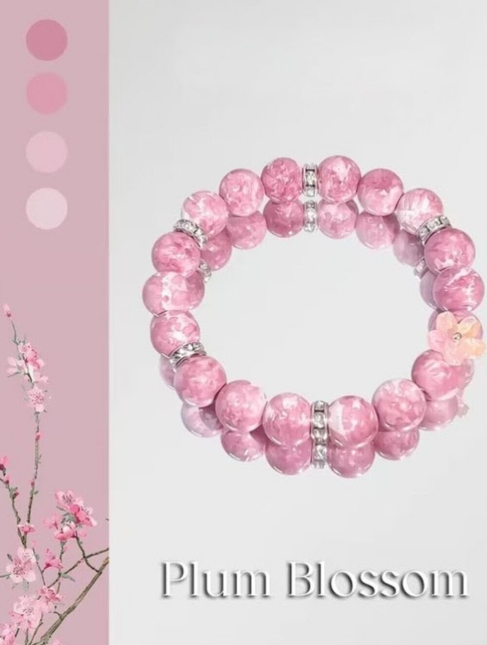 Pink Natural Sakura Agate Stone , Plum Blossom and Rhinestones Beaded Bracelet